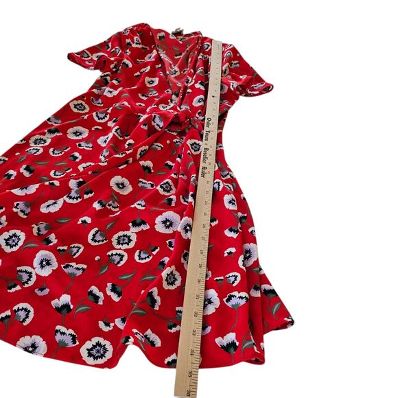 J.‎ Crew Dress 8 Wrap Day Red Floral Poppy Print Short Sleeve Tie Belted Boho - Picture 10 of 10